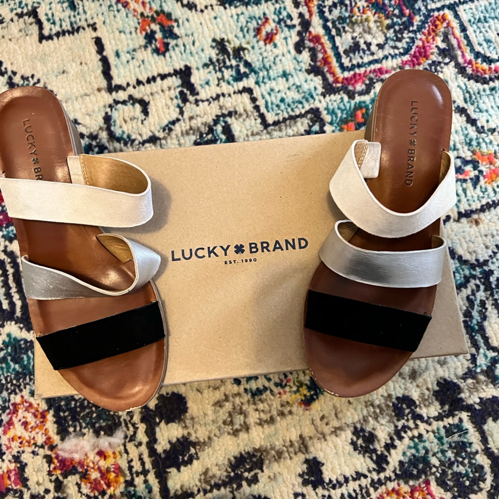 Lucky Brand Strappy Heeled Sandals Sliver, Black , Tan